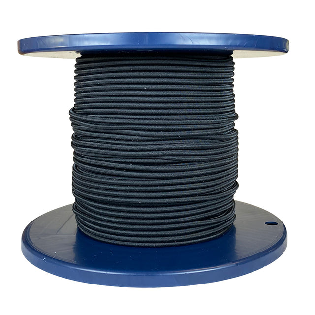 Spool of 4mm black bungee cord on a blue reel with a white background
