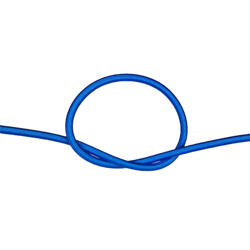 Blue bungee cord with a knot on a white background
