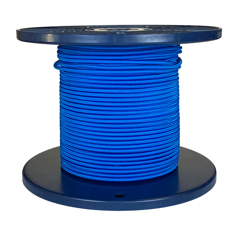 Spool of blue shock cord on a blue plastic reel with a white background