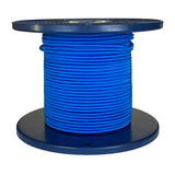 Spool of blue shock cord on a blue plastic reel with a white background