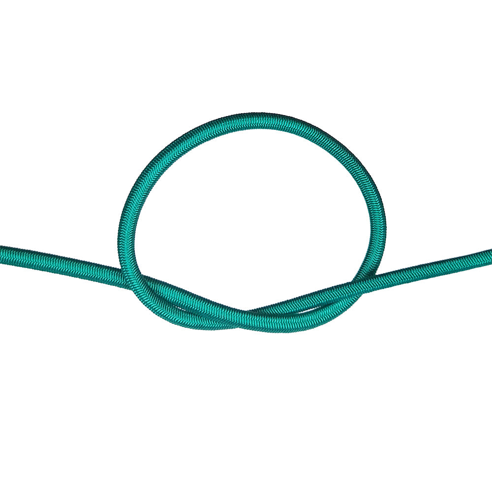 Green bungee cord with a knot on a white background