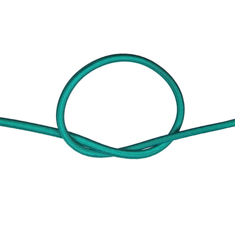 Green bungee cord with a knot on a white background