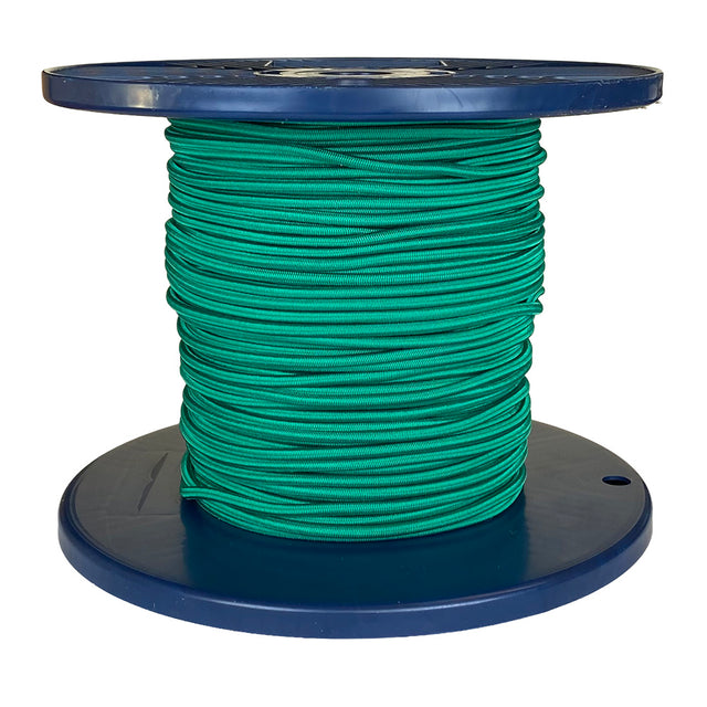 Spool of green shock cord on a blue plastic reel with a white background