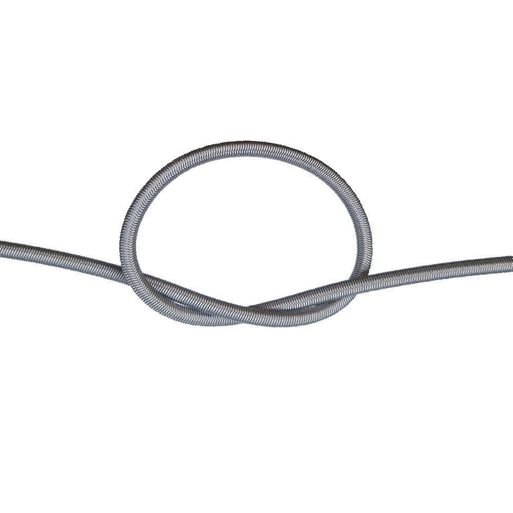 Grey bungee cord in a knot on a white background
