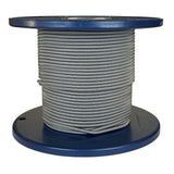 Spool of grey shock cord on a blue plastic reel with a white background