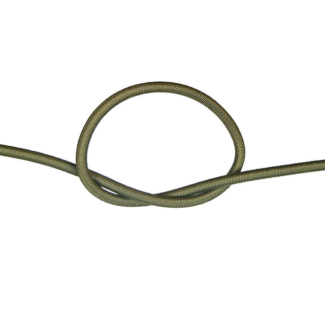 Khaki green bungee cord with a knot on a white background