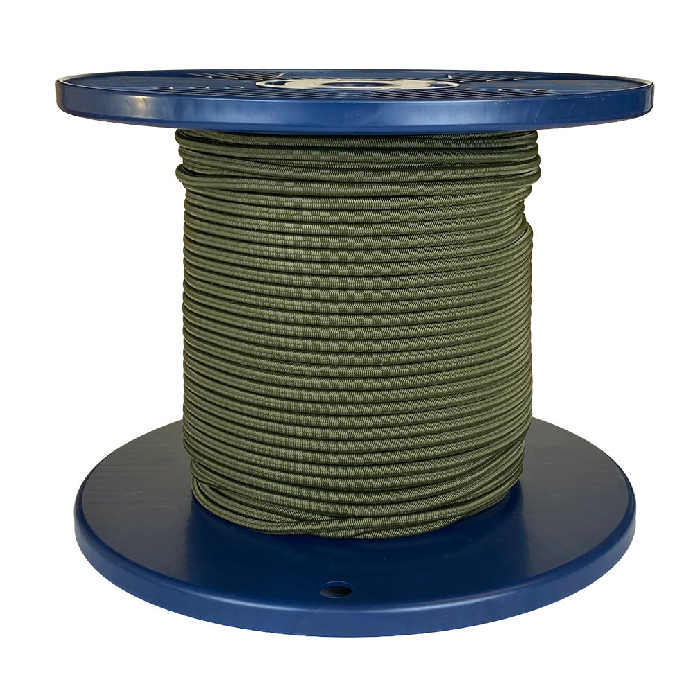 Spool of khaki green shock cord on a blue plastic reel with a white background