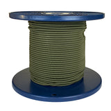 Spool of khaki green shock cord on a blue plastic reel with a white background