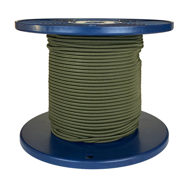 Spool of khaki green shock cord on a blue plastic reel with a white background
