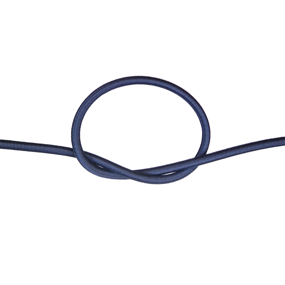 Navy blue bungee cord with a knot on a white background