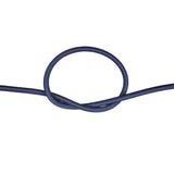 Navy blue bungee cord with a knot on a white background