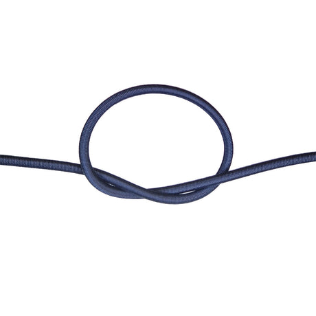 Navy blue bungee cord with a knot on a white background