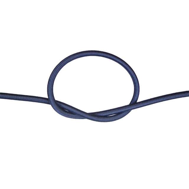 Navy blue bungee cord with a knot on a white background