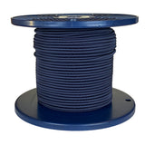 Spool of navy shock cord on a blue plastic reel with a white background
