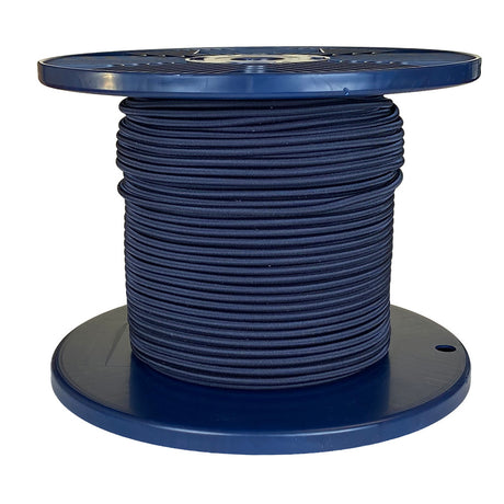 Spool of navy shock cord on a blue plastic reel with a white background