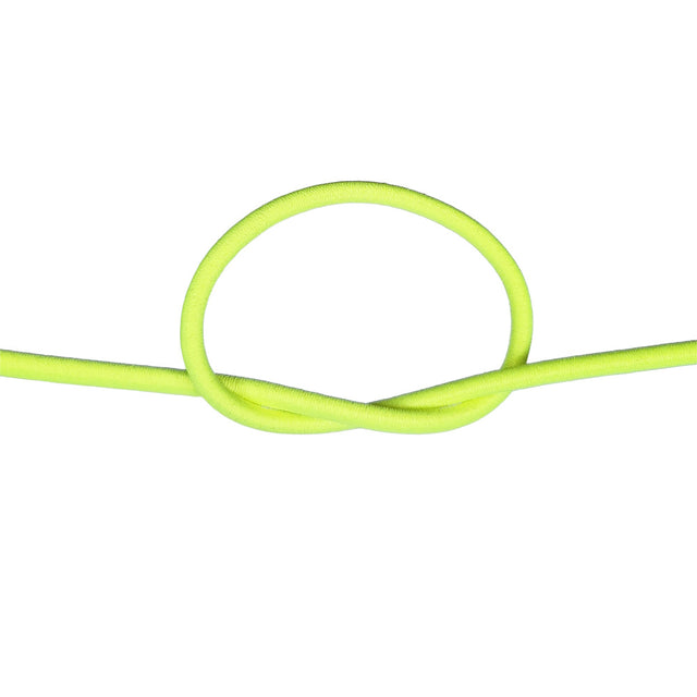 Neon yellow bungee cord with a knot on a white background