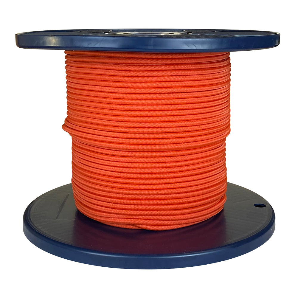 Spool of orange shock cord on a blue plastic reel with a white background