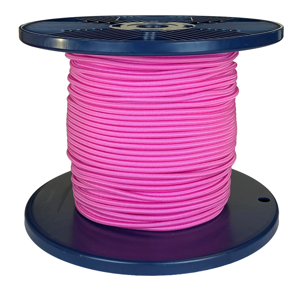 Spool of pink shock cord on a blue plastic reel with a white background