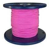 Spool of pink shock cord on a blue plastic reel with a white background