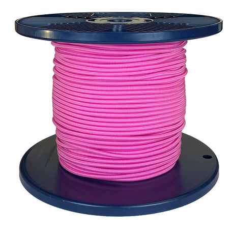 Spool of pink shock cord on a blue plastic reel with a white background