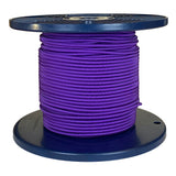 Spool of purple shock cord on a blue plastic reel with a white background