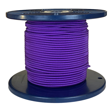 Spool of purple shock cord on a blue plastic reel with a white background
