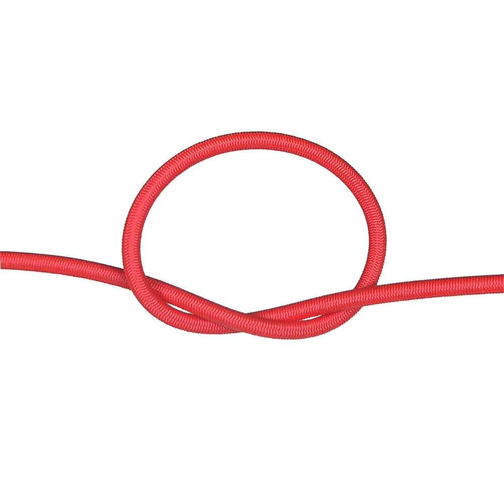 Red bungee cord with a knot on a white background