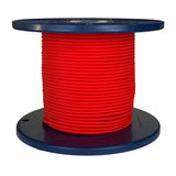 Spool of red shock cord on a blue plastic reel with a white background