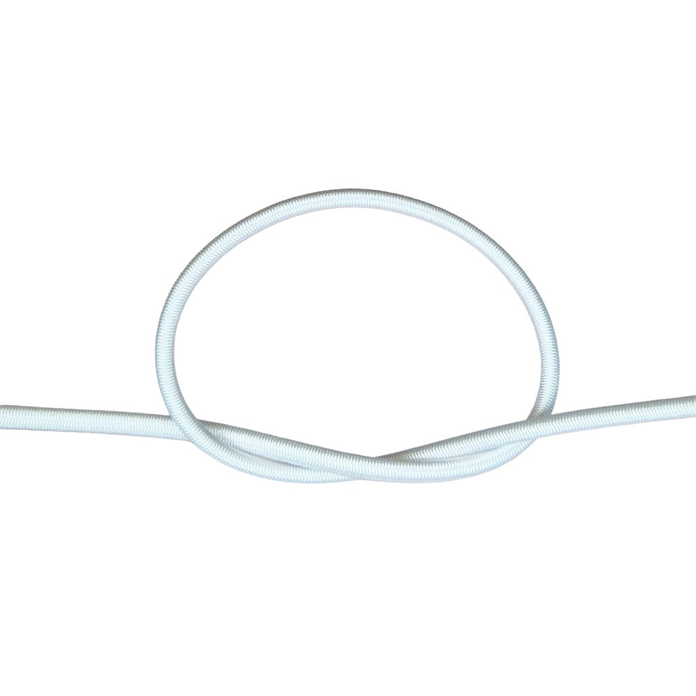 White bungee cord with a knot on a white background