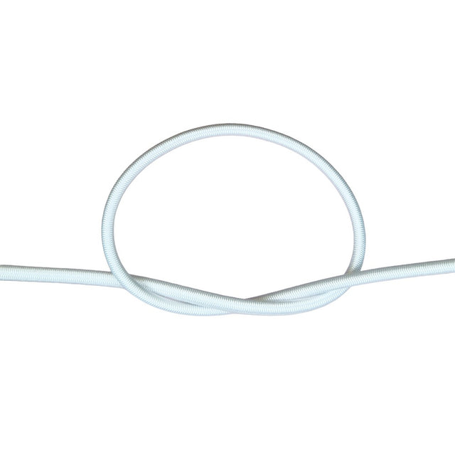White bungee cord with a knot on a white background