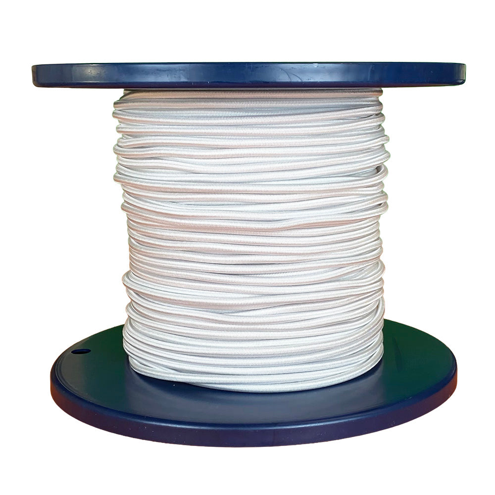 Spool of white shock cord on a blue plastic reel with a white background
