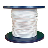 Spool of white shock cord on a blue plastic reel with a white background