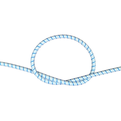 White with blue fleck bungee cord with a knot on a white background
