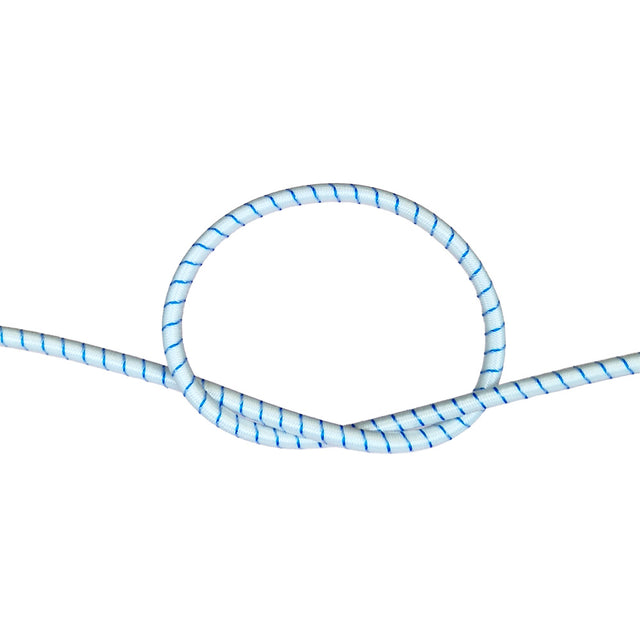White with blue fleck bungee cord with a knot on a white background