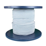 Spool of 4mm white bungee cord with a blue fleck on a blue reel against a white background
