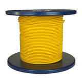 Spool of yellow shock cord on a blue plastic reel with a white background