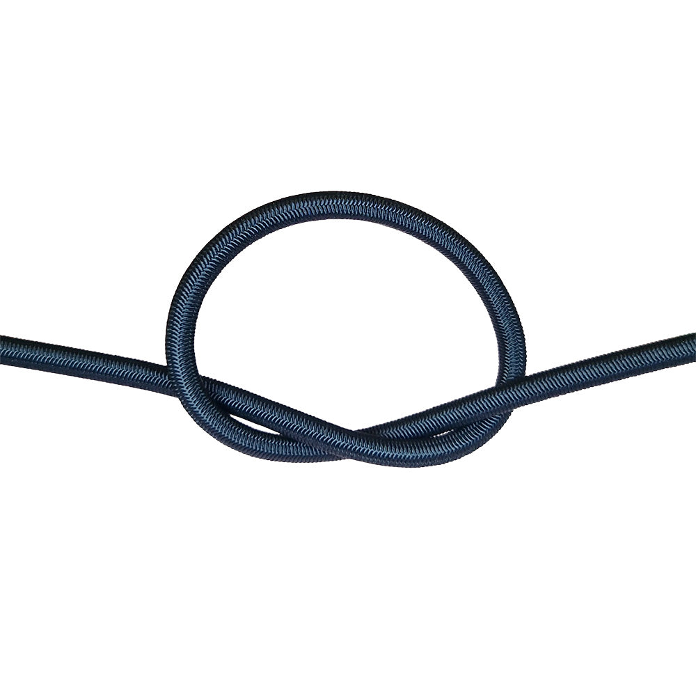 Black bungee cord with a knot on a white background