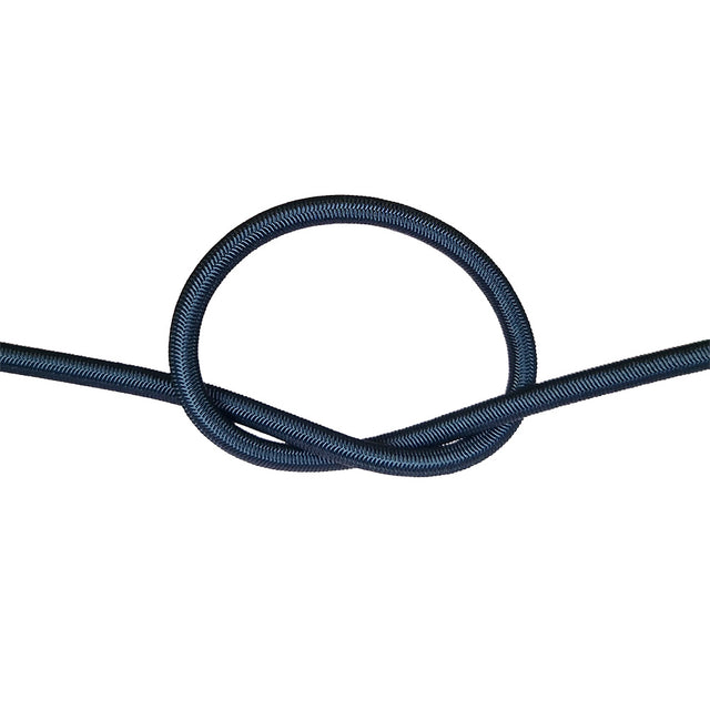 Black bungee cord with a knot on a white background