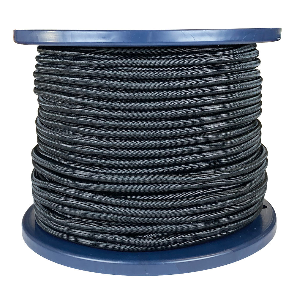 Spool of 6mm black bungee cord on a blue reel with a white background