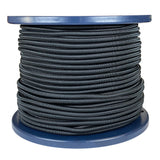 Spool of 6mm black bungee cord on a blue reel with a white background