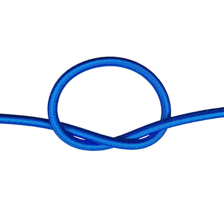 Blue bungee cord with a knot on a white background
