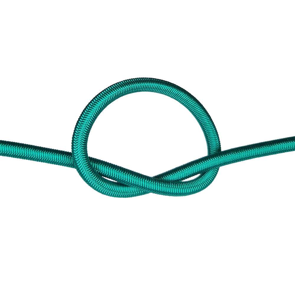 Green bungee cord with a knot on a white background