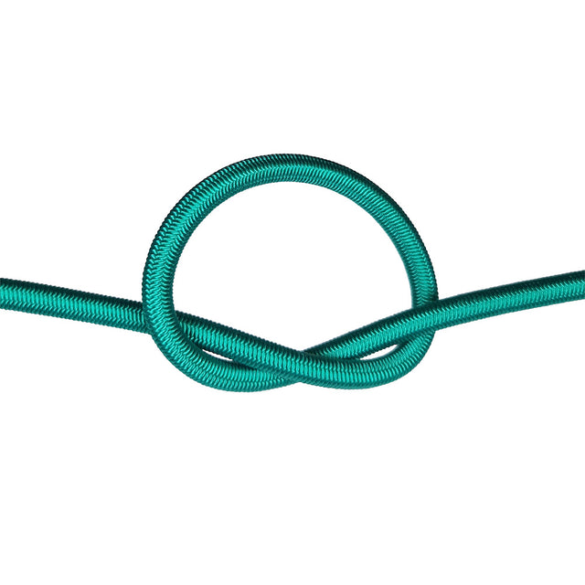 Green bungee cord with a knot on a white background