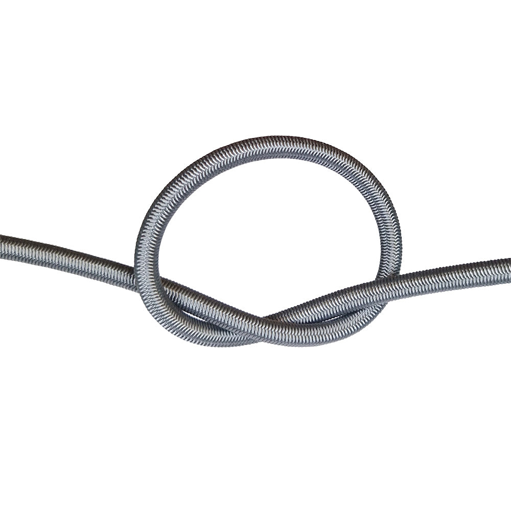 Grey bungee cord with a knot on a white background