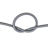 Grey bungee cord with a knot on a white background