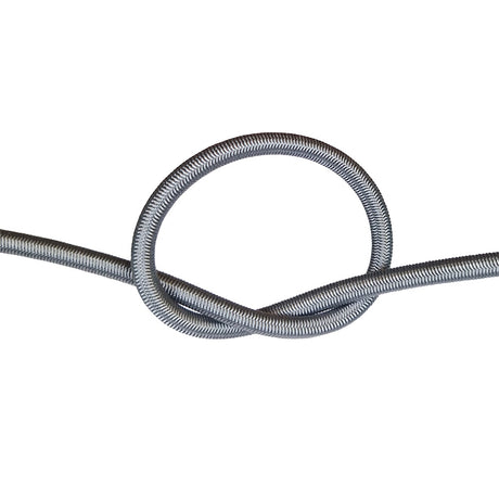 Grey bungee cord with a knot on a white background