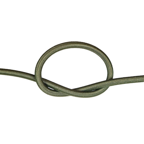 Khaki green bungee cord with a knot on a white background