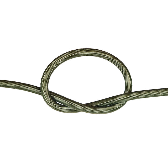 Khaki green bungee cord with a knot on a white background