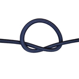Navy blue bungee cord with a knot on a white background