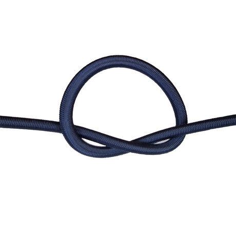 Navy blue bungee cord with a knot on a white background